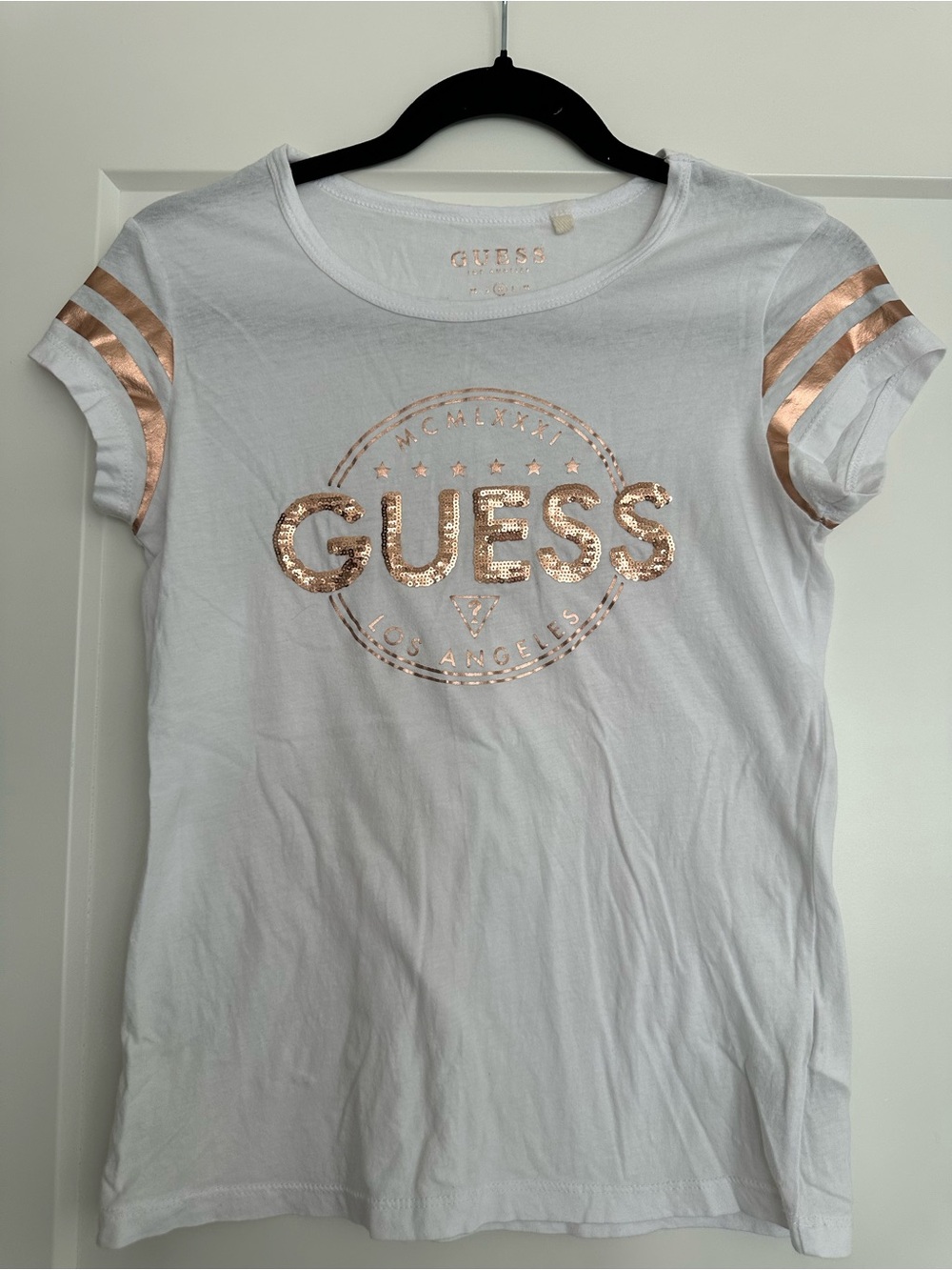 GUESS White Tee with Rose Gold Metallic Logo & Sleeve Stripes